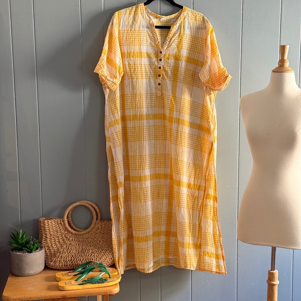 Diza Womens Yellow Plaid Cotton Gauze Maxi Kaftan Dress L Gingham Lagenlook Chic